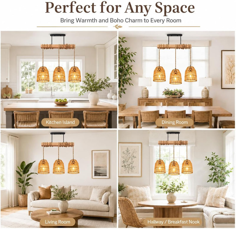Rattan Pendant Light Kitchen Island Chandelier Height Adjustable