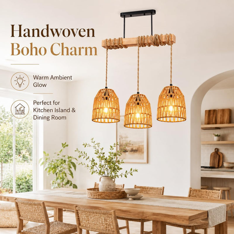 Rattan Pendant Light Kitchen Island Chandelier Height Adjustable