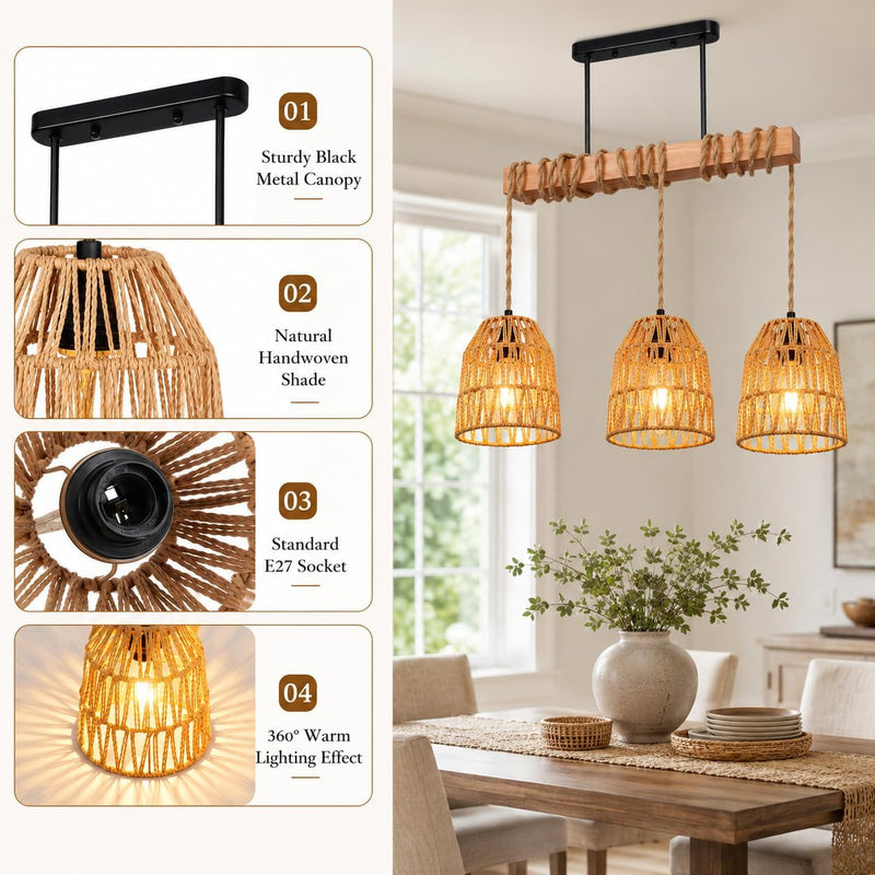 Rattan Pendant Light Kitchen Island Chandelier Height Adjustable