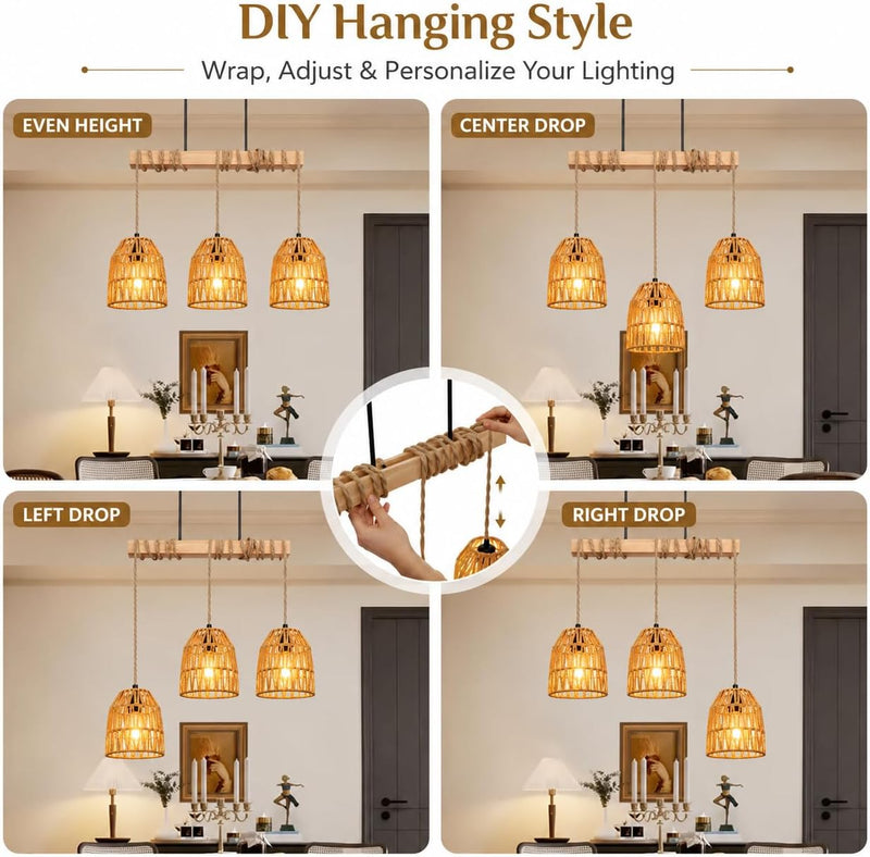 Rattan Pendant Light Kitchen Island Chandelier Height Adjustable