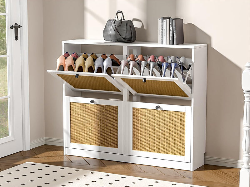 Rattan Shoe Storage Cabinet with 4 Flip Drawers