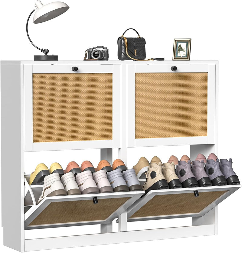 Rattan Shoe Storage Cabinet with 4 Flip Drawers