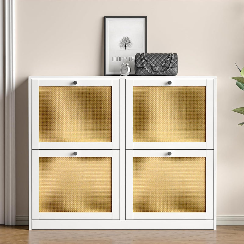 Rattan Shoe Storage Cabinet with 4 Flip Drawers