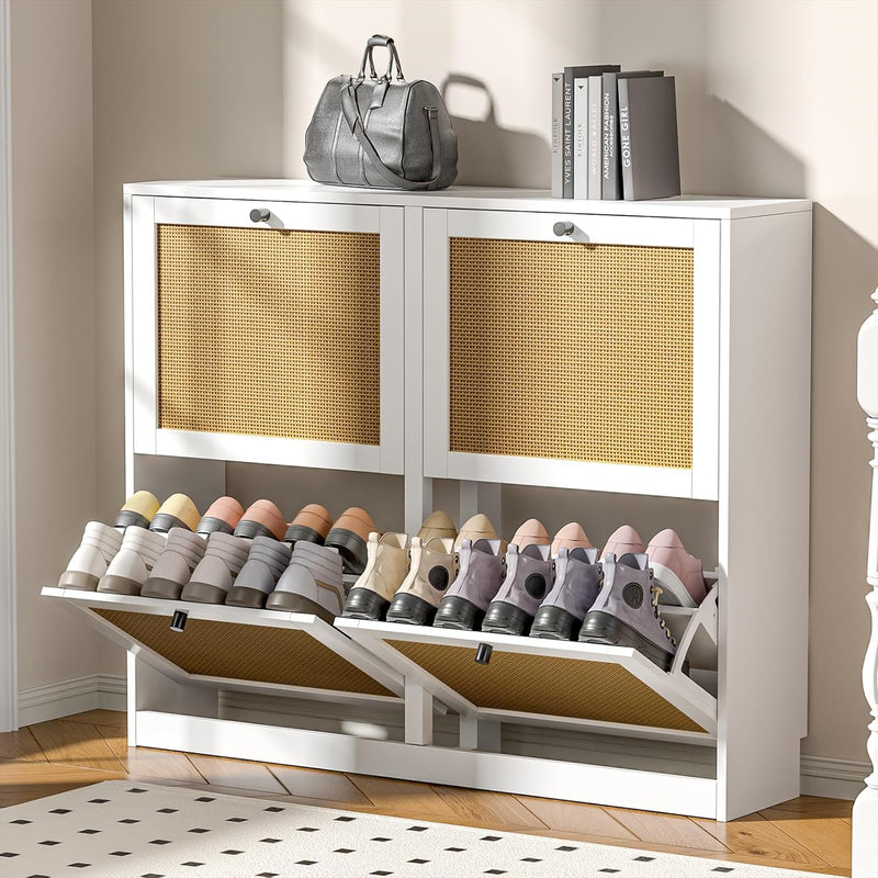 Rattan Shoe Storage Cabinet with 4 Flip Drawers