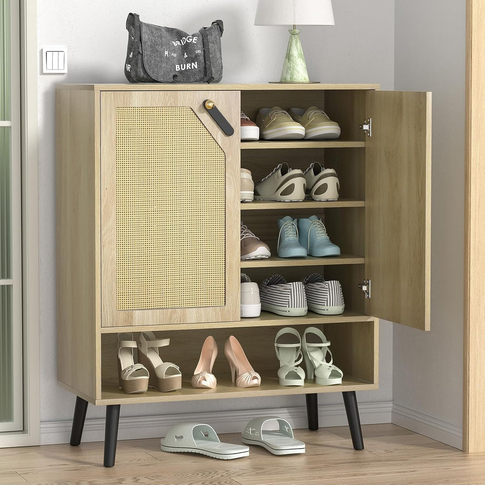 Rattan Shoe Storage Unit 4 Tier Wooden Rack