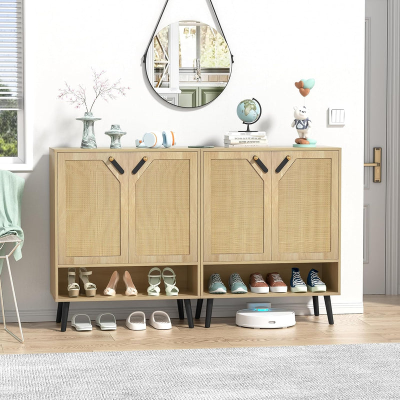 Rattan Shoe Storage Unit 4 Tier Wooden Rack