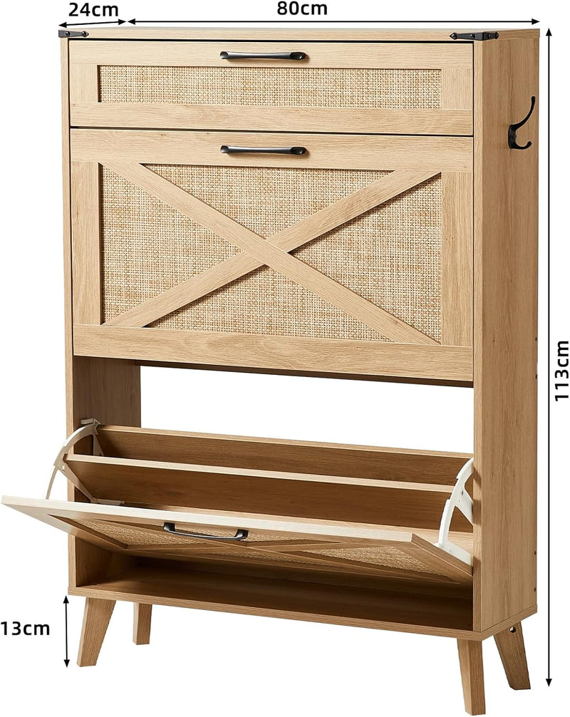 Rattan Slim Narrow Shoe Storage with 2 Flip