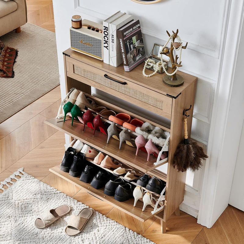 Rattan Slim Narrow Shoe Storage with 2 Flip