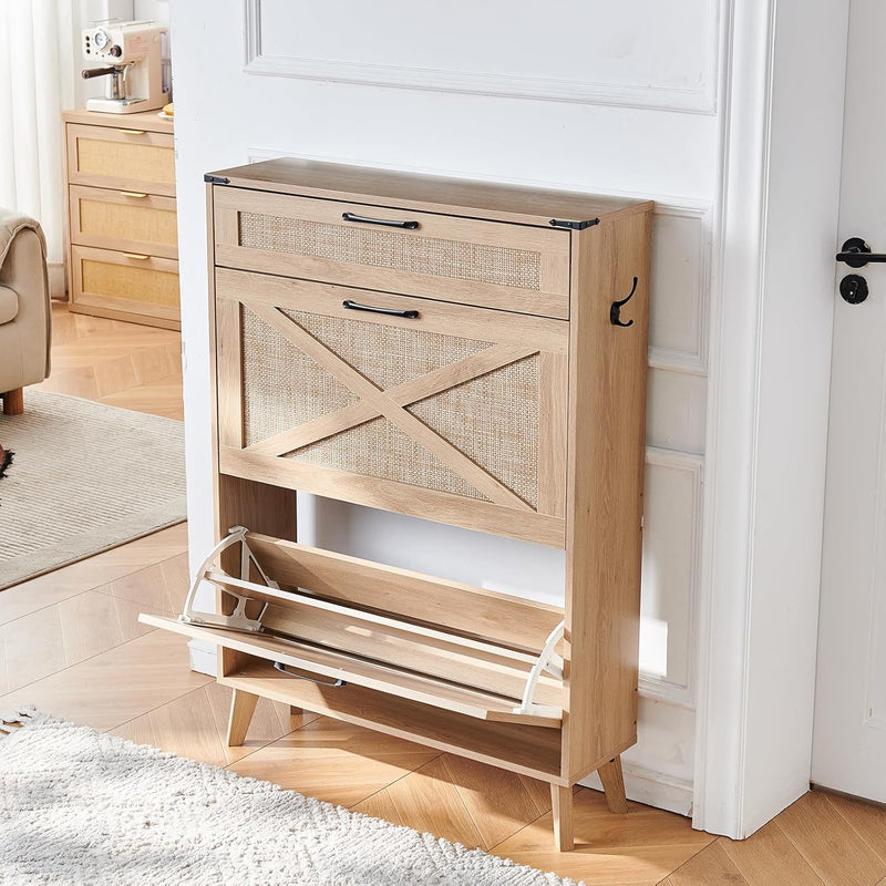Rattan Slim Narrow Shoe Storage with 2 Flip