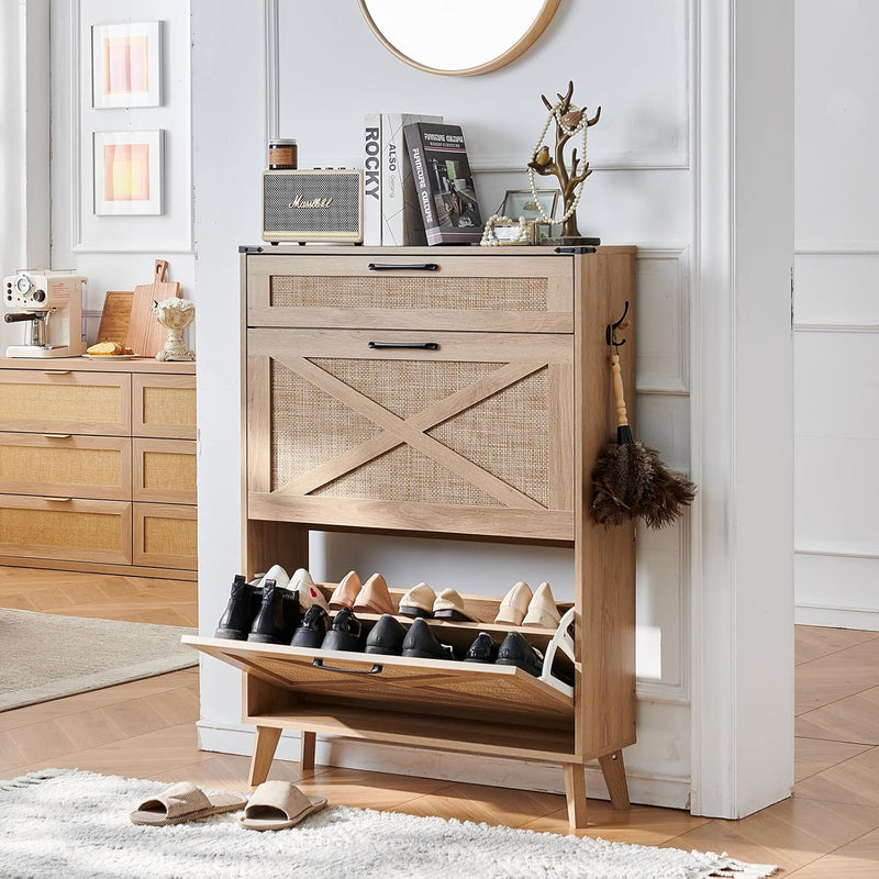 Rattan Slim Narrow Shoe Storage with 2 Flip