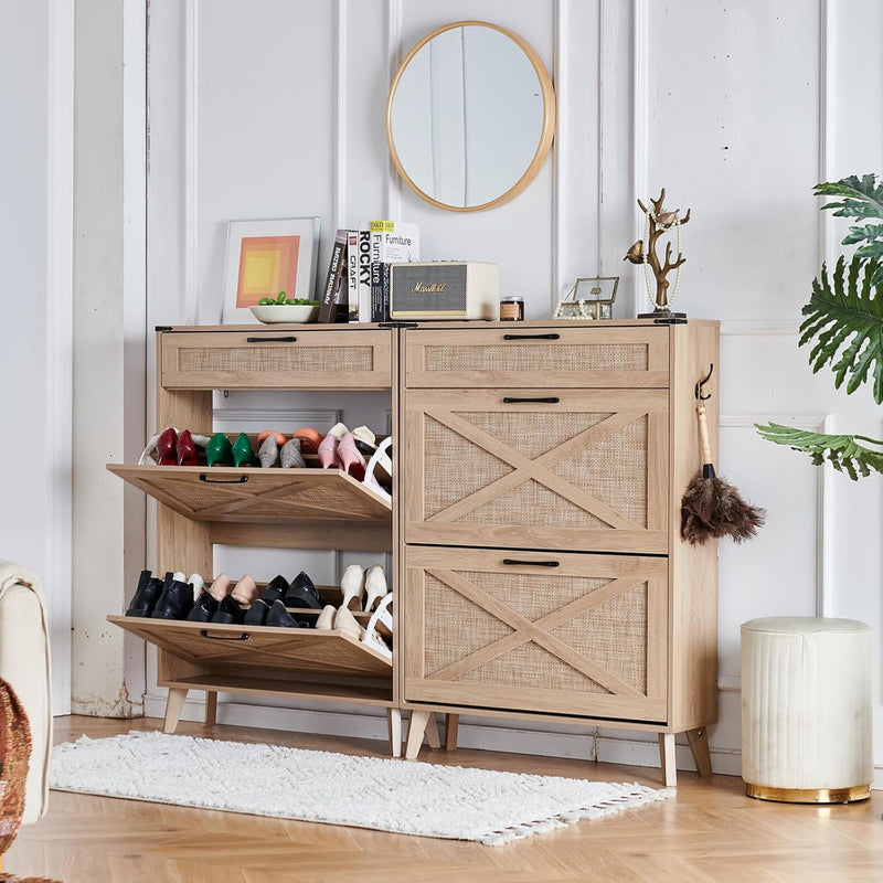 Rattan Slim Narrow Shoe Storage with 2 Flip