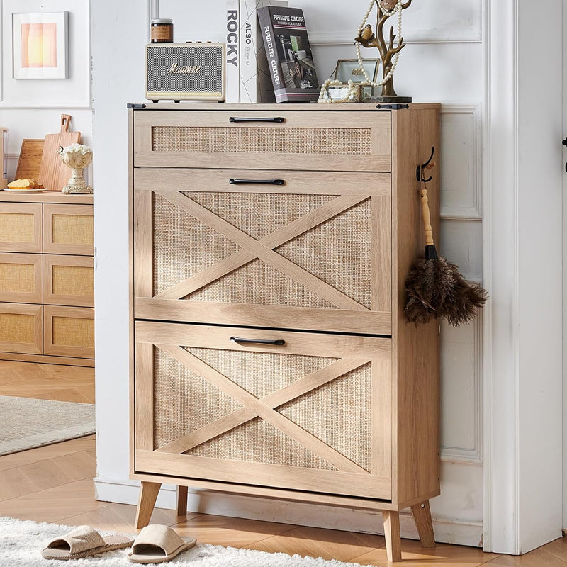 Rattan Slim Narrow Shoe Storage with 2 Flip