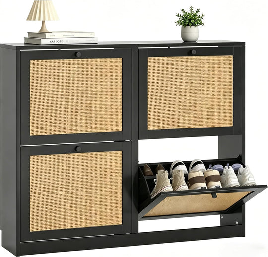 Rattan Slim Shoe Storage Cabinet with 4 Flip