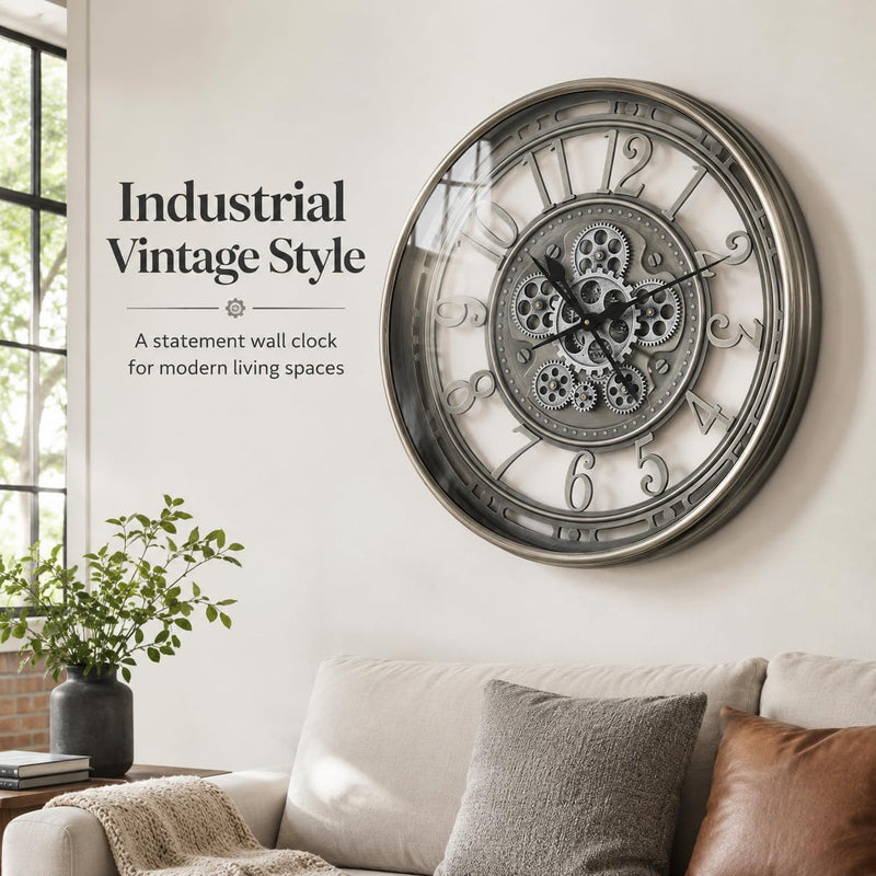 Real Moving Gears Wall Clock Large Modern Metal