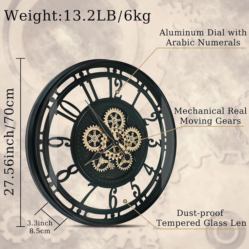 Real Moving Gears Wall Clock Large Modern Metal