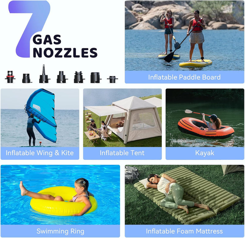 Rechargeable Paddle Board Pump 38.5WH 7 Nozzles Auto-Off