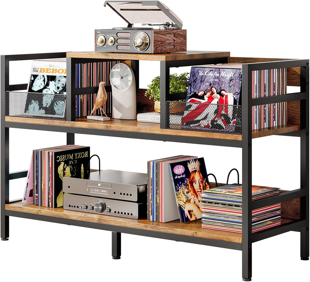 Record Player Stand Vinyl Storage with 4 Dividers