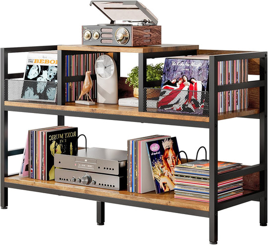 Record Player Stand Vinyl Storage with 4 Dividers