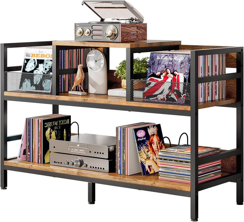 Record Player Stand Vinyl Storage with 4 Dividers