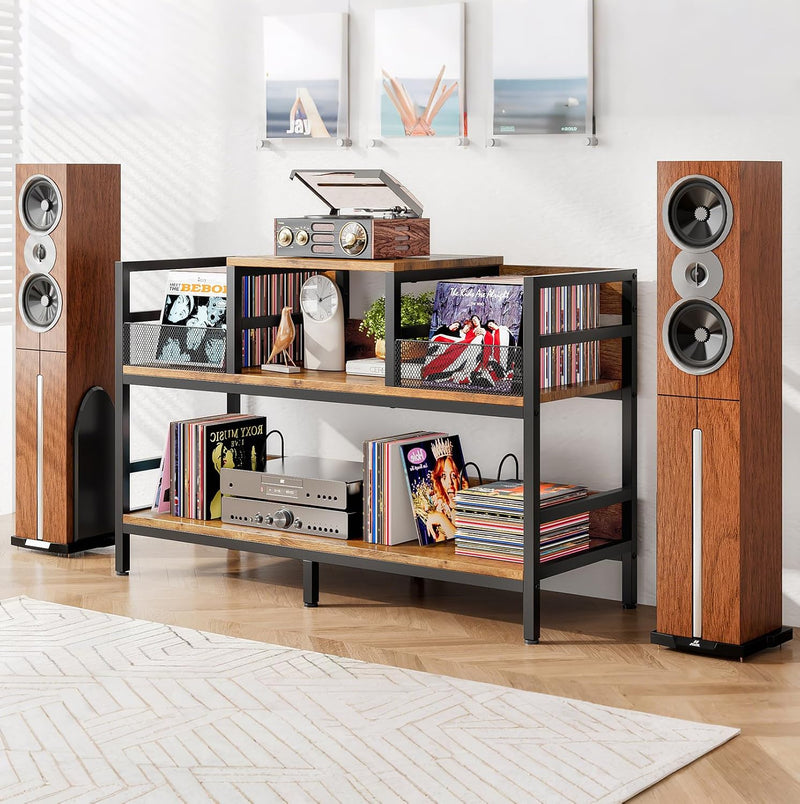 Record Player Stand Vinyl Storage with 4 Dividers
