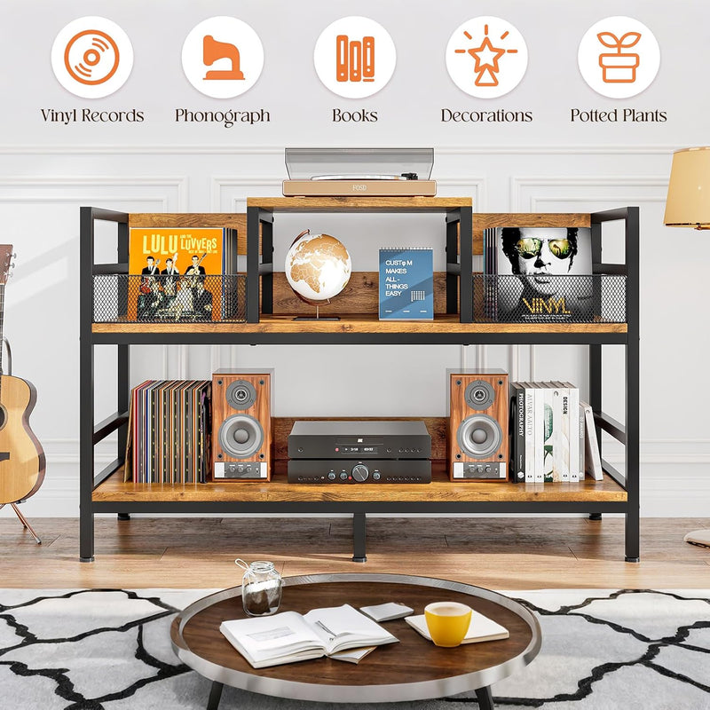 Record Player Stand Vinyl Storage with 4 Dividers