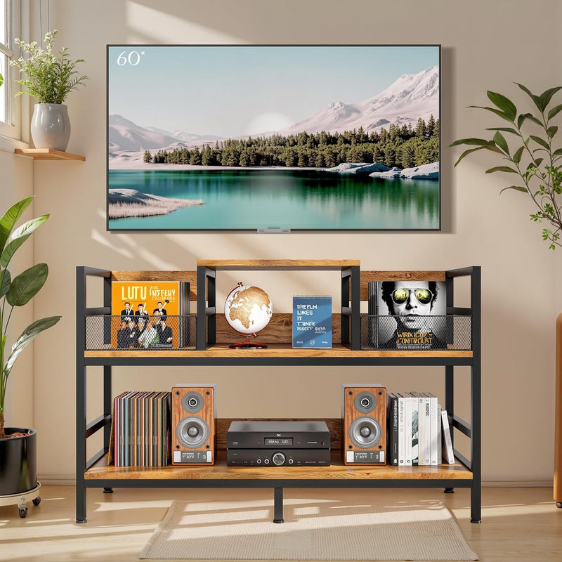 Record Player Stand Vinyl Storage with 4 Dividers