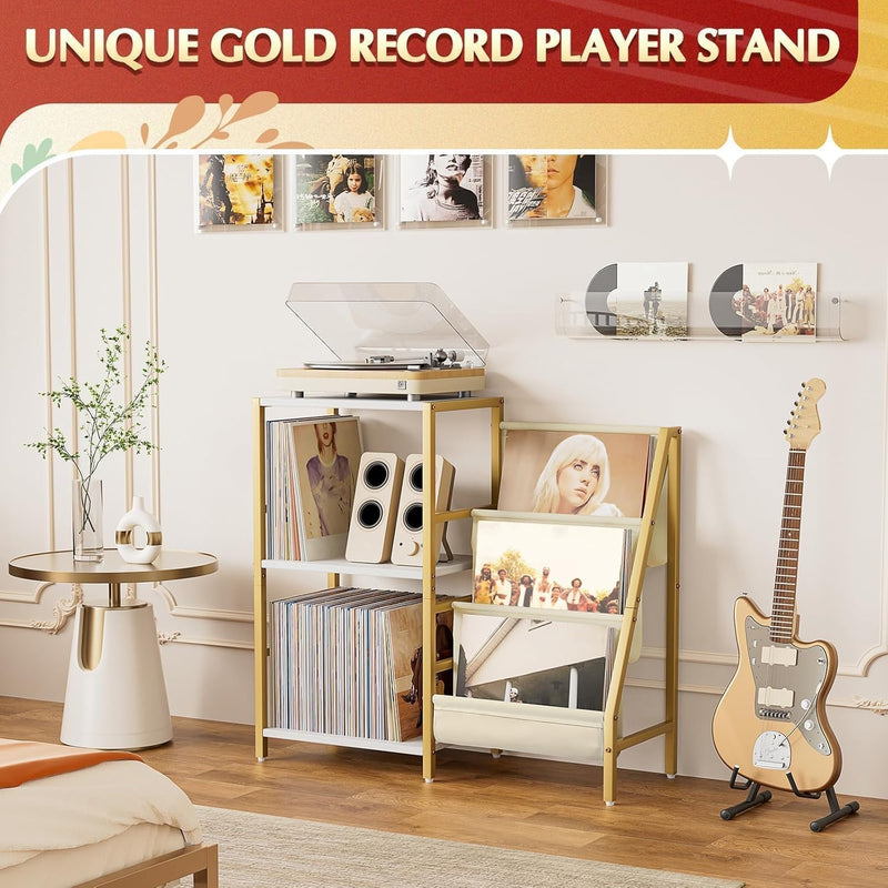 Record Player Stand with 3-Tier Vinyl Storage