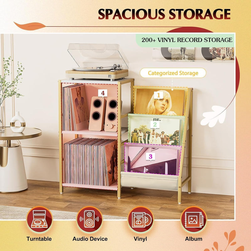 Record Player Stand with 3-Tier Vinyl Storage