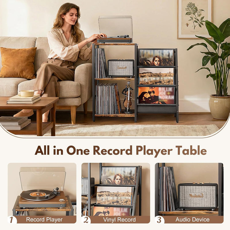Record Player Stand with 3-Tier Vinyl Storage