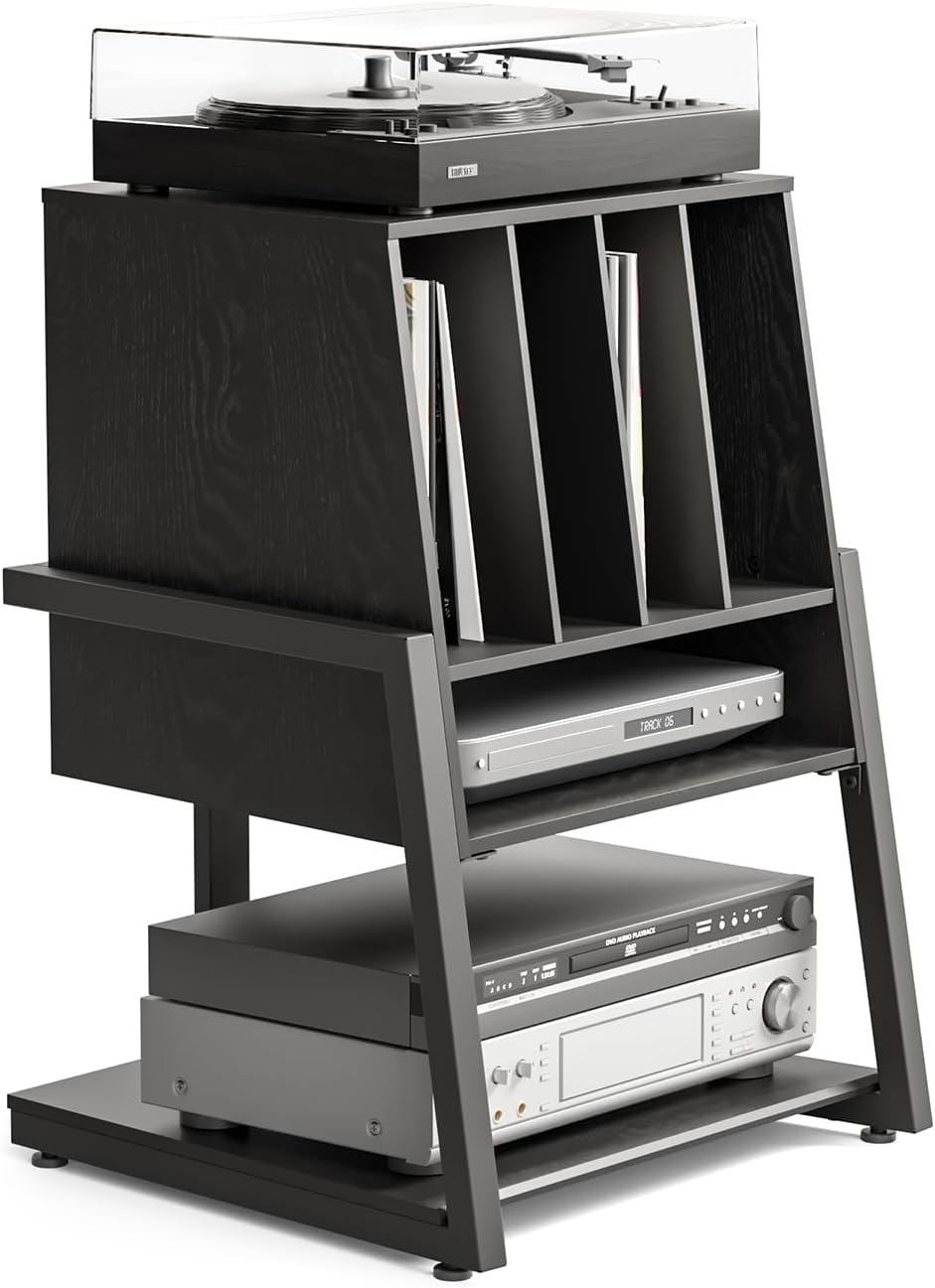 Record Player Stand with 4-Tier Wooden Shelves
