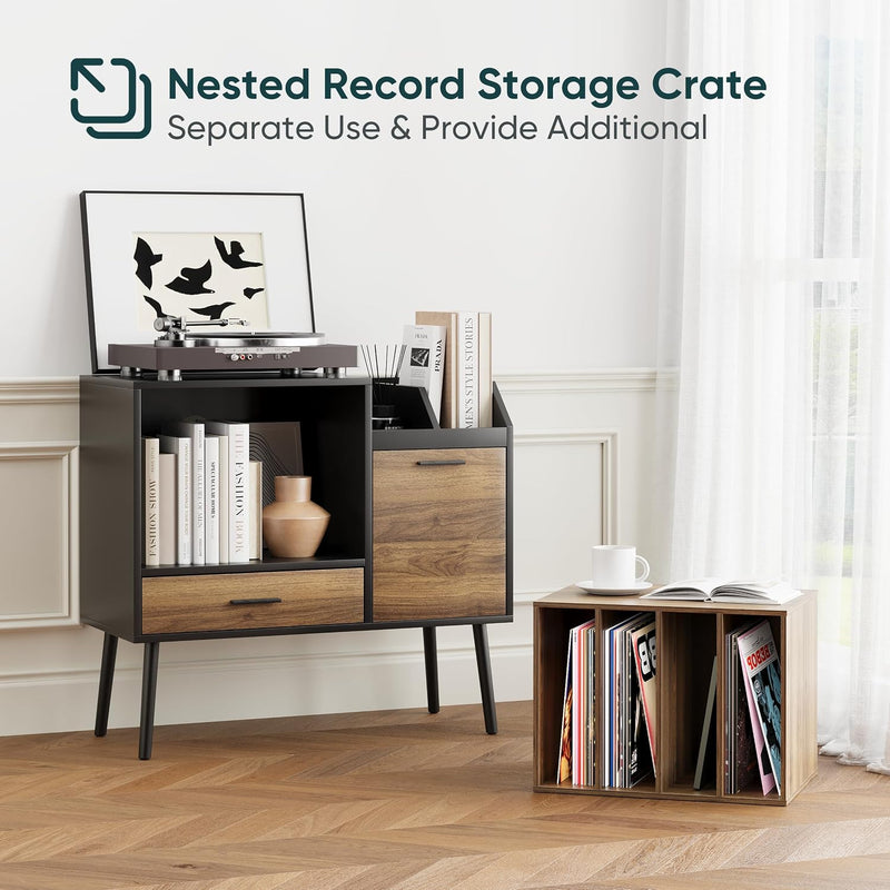 Record Player Stand with Nesting Vinyl Storage Crate