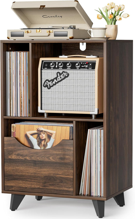 Record Player Stand with Vinyl Storage Drawer Wooden