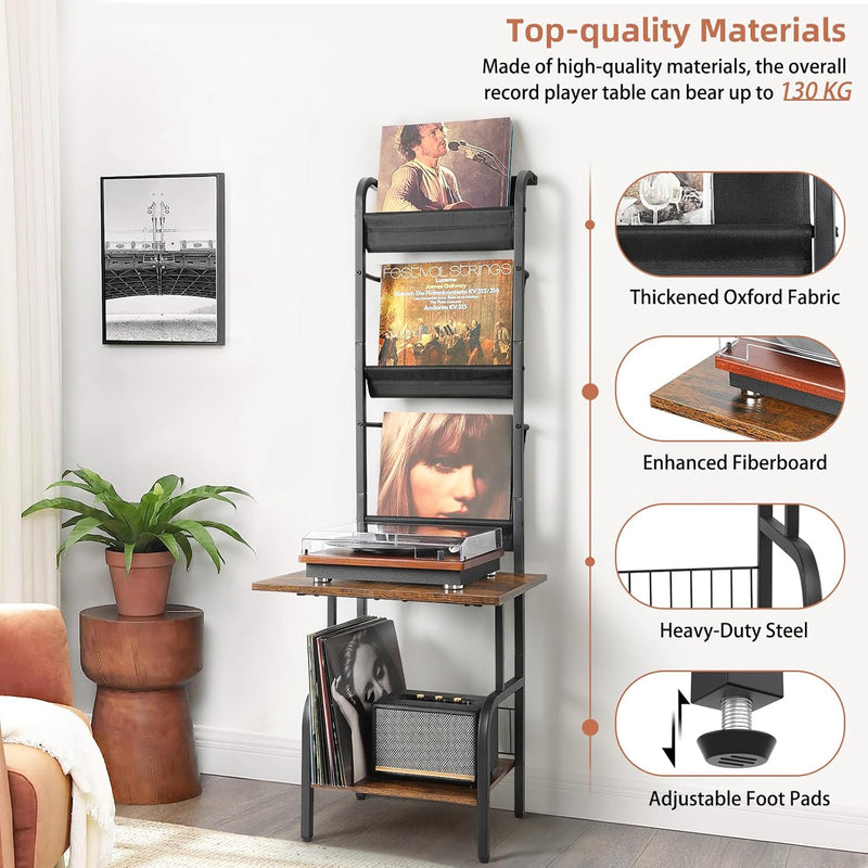 Record Player Stand with Vinyl Storage for 200