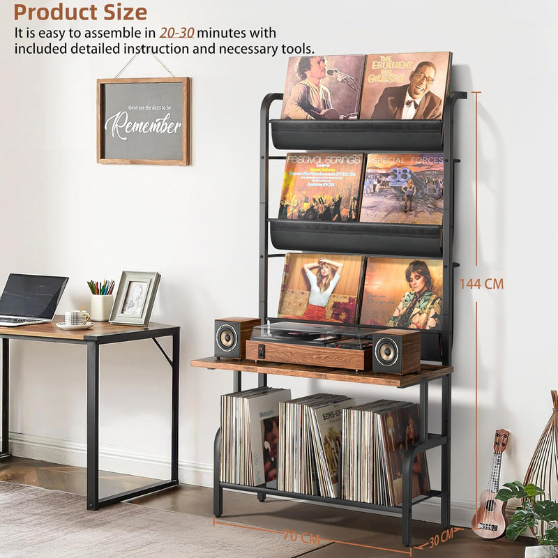 Record Player Stand with Vinyl Storage for 200