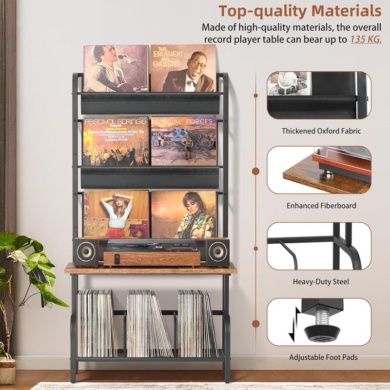 Record Player Stand with Vinyl Storage for 200