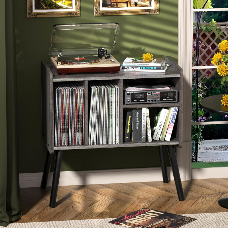 Record Player Table Mid-Century Stand with Vinyl Storage