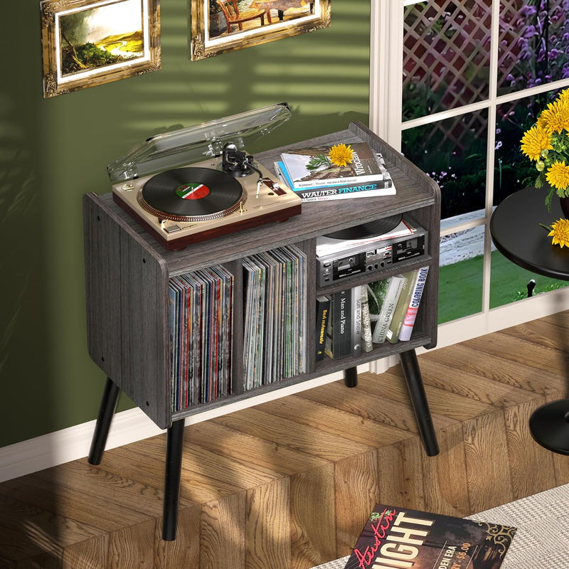 Record Player Table Mid-Century Stand with Vinyl Storage
