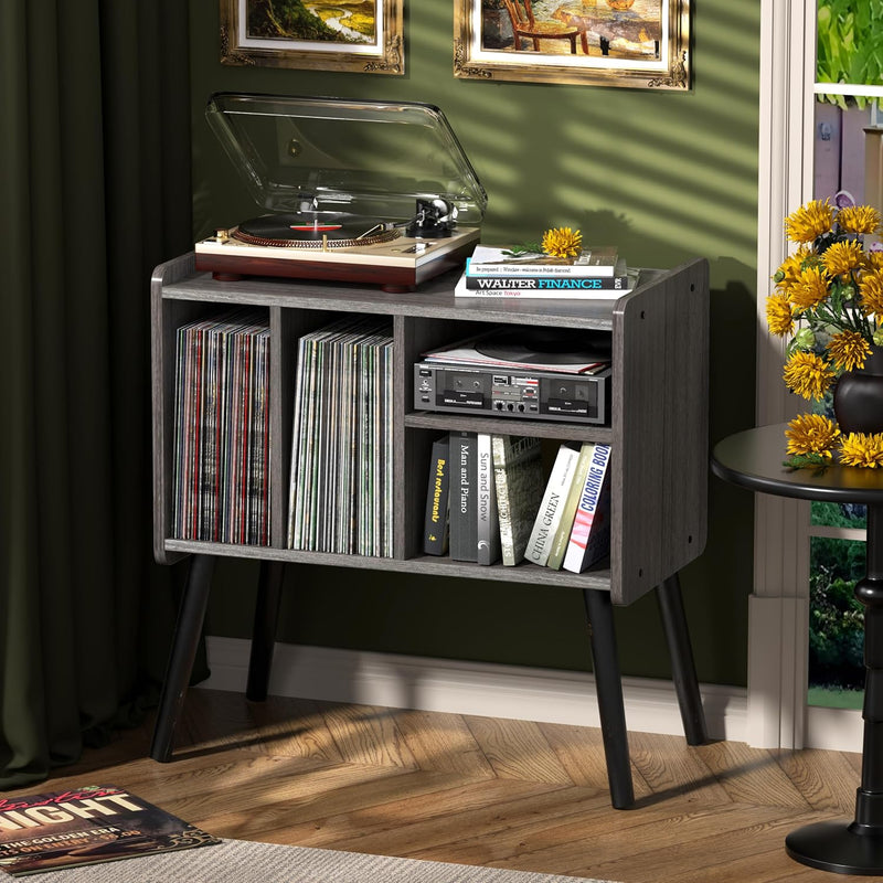 Record Player Table Mid-Century Stand with Vinyl Storage