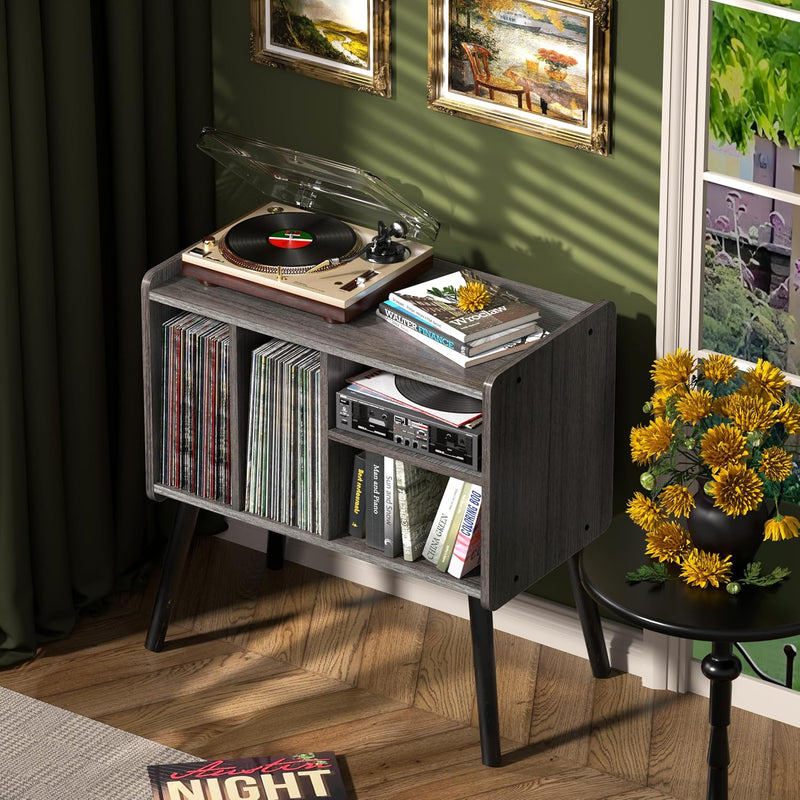 Record Player Table Mid-Century Stand with Vinyl Storage