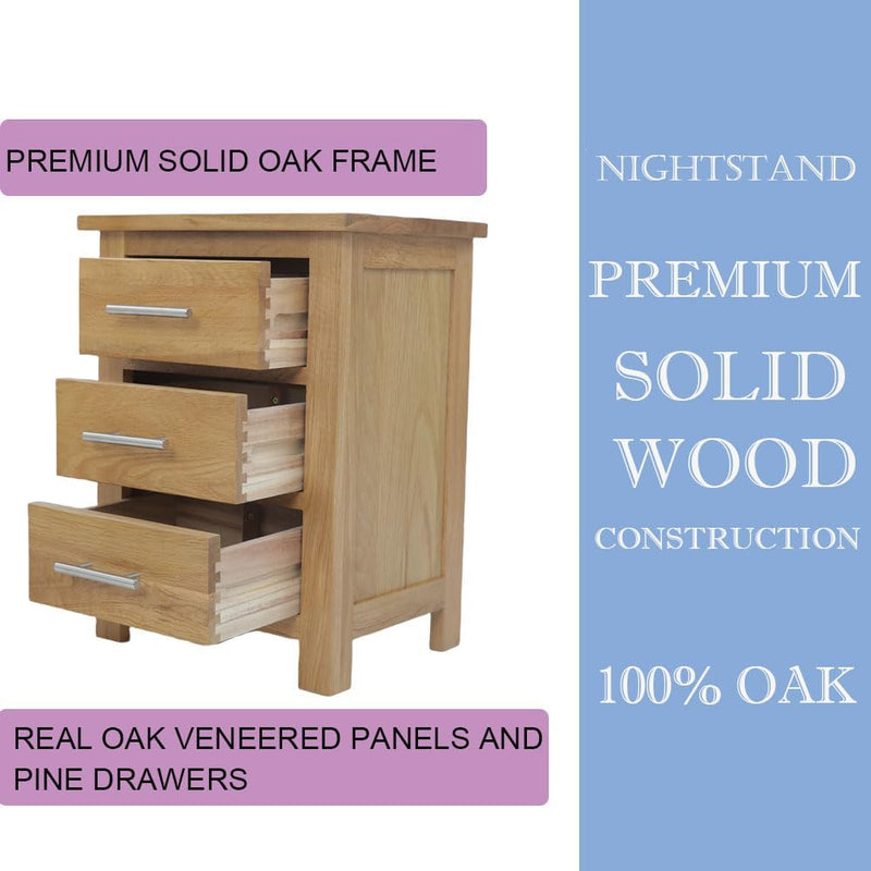 Solid Oak Bedside Tables Walnut Wooden 3 Drawers