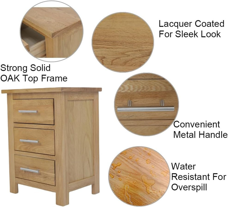 Solid Oak Bedside Tables Walnut Wooden 3 Drawers