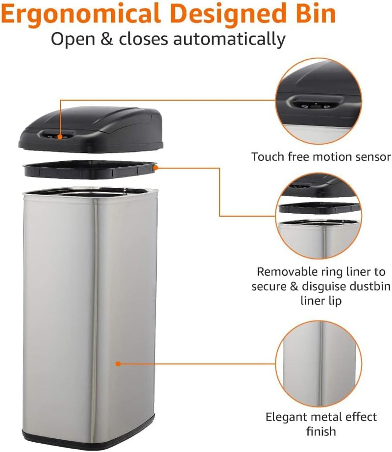 Rectangular Stainless Steel 60L Dustbin with Hands-Free Motion