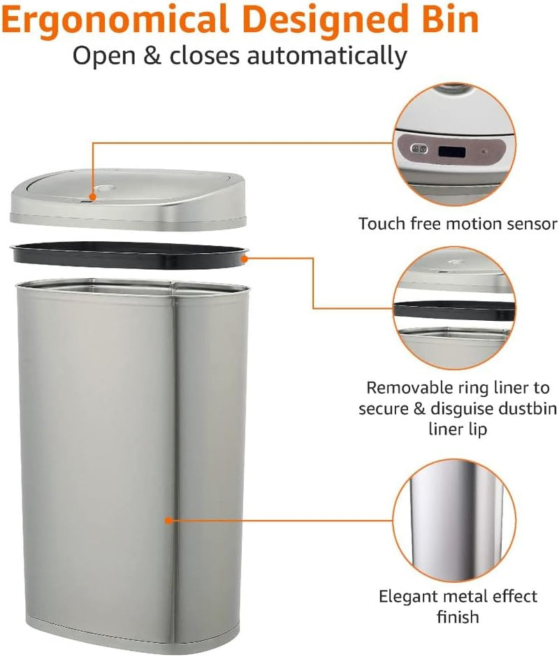 Rectangular Stainless Steel 60L Dustbin with Hands-Free Motion