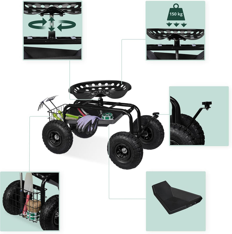 Wheeled Garden Seat Height-Adjustable 150KG Capacity Storage