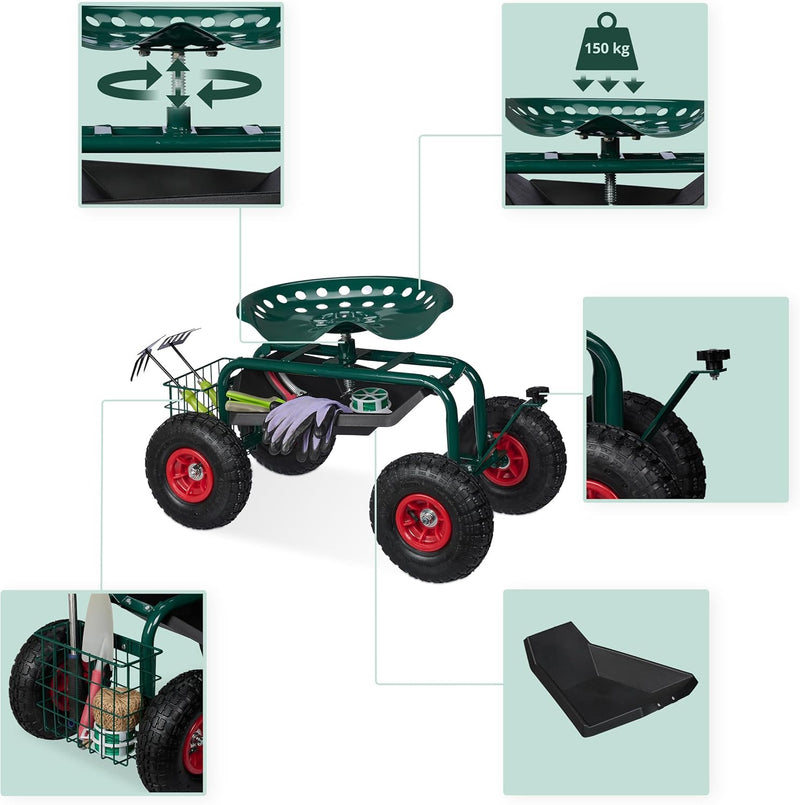 Wheeled Garden Seat Height-Adjustable 150KG Capacity Storage