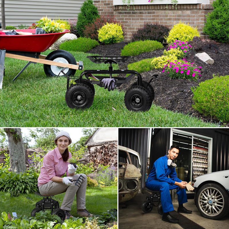 Wheeled Garden Seat Height-Adjustable 150KG Capacity Storage