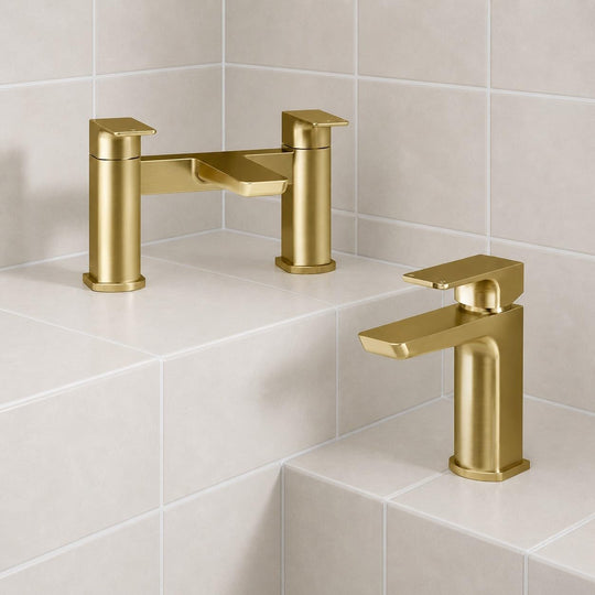 Rhodos Brushed Brass Bathroom Tap Pack Includes Deck