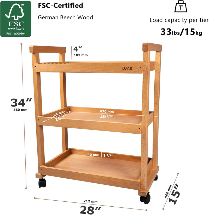 Rolling Art Cart Solid Beech Wood Utility