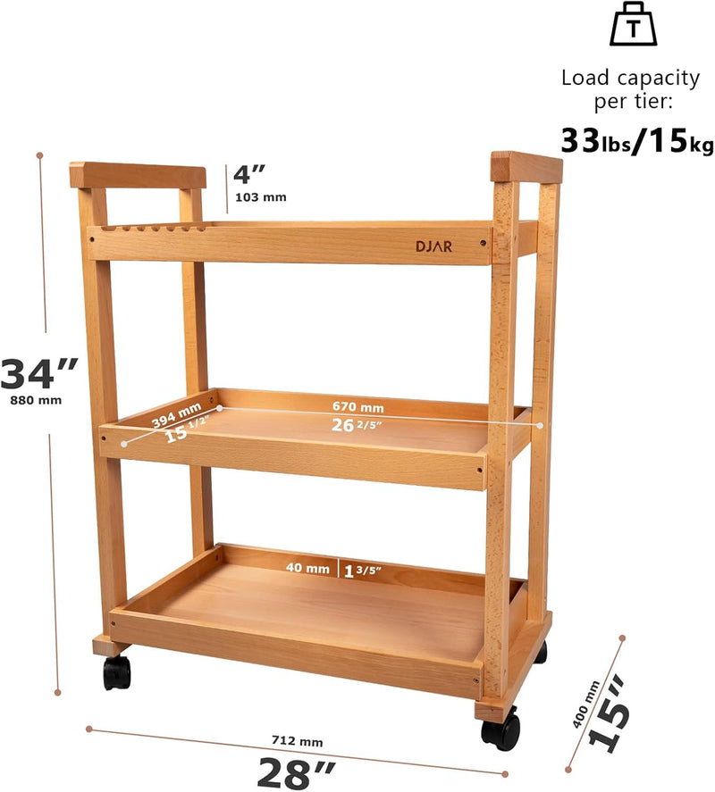 Rolling Art Cart Solid Beech Wood Utility