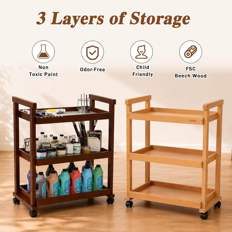 Rolling Art Cart Solid Beech Wood Utility